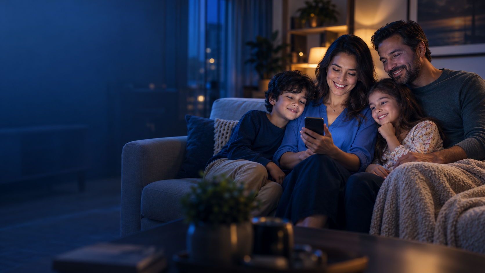 Família reunida no sofá assistindo pelo celular
